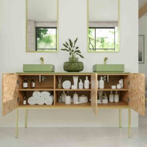Mueble de baño OPERA con patas 3 puertas con encimera SOLID SURFACE 2 senos RAIZ OLMO