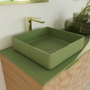 Mueble de baño OPERA con patas 3 puertas con encimera SOLID SURFACE 2 senos RAIZ OLMO