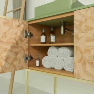 Mueble de baño OPERA con patas 3 puertas con encimera SOLID SURFACE 2 senos RAIZ OLMO
