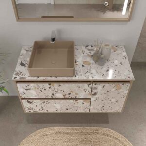 Mueble de baño suspendido 2 cajones/ 1 puerta UNICO efecto terrazo con lavabo SATET Solid Surface