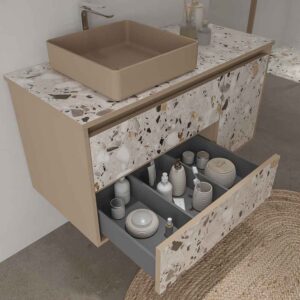 Mueble de baño suspendido 2 cajones/ 1 puerta UNICO efecto terrazo con lavabo SATET Solid Surface