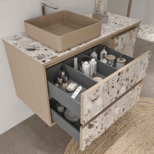Mueble de baño suspendido 2 cajones/ 1 puerta UNICO efecto terrazo con lavabo SATET Solid Surface