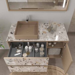 Mueble de baño suspendido 2 cajones/ 1 puerta UNICO efecto terrazo con lavabo SATET Solid Surface