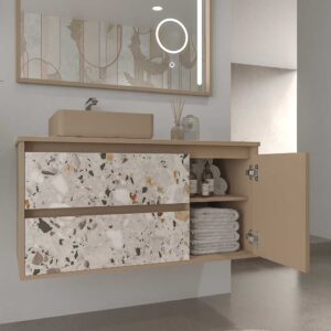 Mueble de baño suspendido 2 cajones/ 1 puerta UNICO efecto terrazo con lavabo SATET Solid Surface