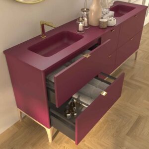 Mueble de baño VICENT con patas 6 cajones encimera Solid Surface 2 lavabos