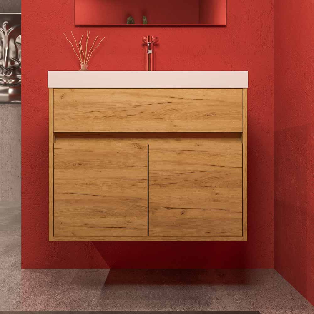 Mueble de baño suspendido 2 puertas / 1 cajón CARMEN con lavabo resina acabado ROBLE CLARO - Imagen 9