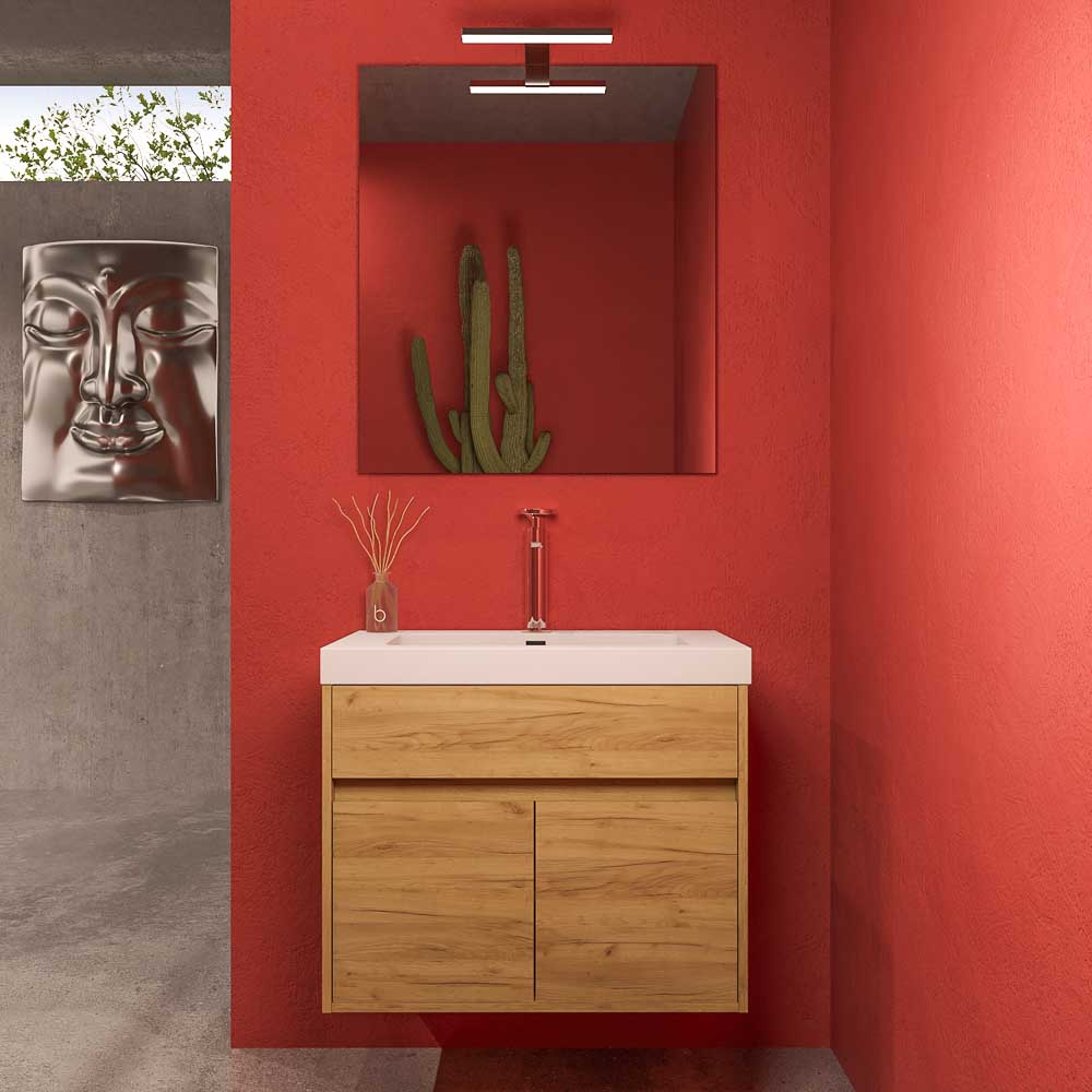 Mueble de baño suspendido 2 puertas / 1 cajón CARMEN con lavabo resina acabado ROBLE CLARO