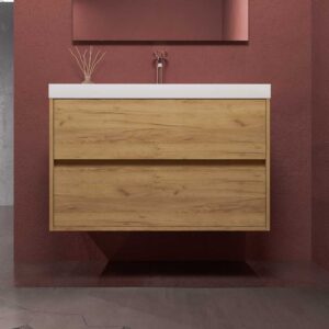 Mueble de baño suspendido 2 cajones CARMEN con lavabo resina acabado ROBLE CLARO