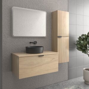 Mueble de baño suspendido 1 cajón SKIN ROBLE ULLOA  con lavabo porcelana OSIRIS NEGRO