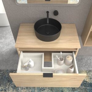 Mueble de baño suspendido 1 cajón SKIN ROBLE ULLOA  con lavabo porcelana OSIRIS NEGRO