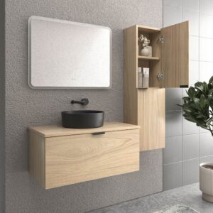 Mueble de baño suspendido 1 cajón SKIN ROBLE ULLOA  con lavabo porcelana OSIRIS NEGRO