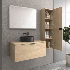 Mueble de baño suspendido 1 cajón SKIN ROBLE ULLOA  con lavabo porcelana OSIRIS NEGRO