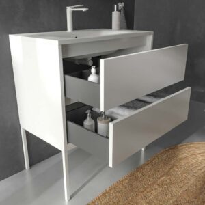 Mueble de baño con patas 2 cajones SMILE con lavabo Solid Surface BLANCO