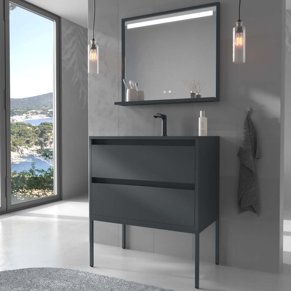 Mueble de baño con patas 2 cajones SMILE con lavabo Solid Surface GRAFITO - Imagen 6