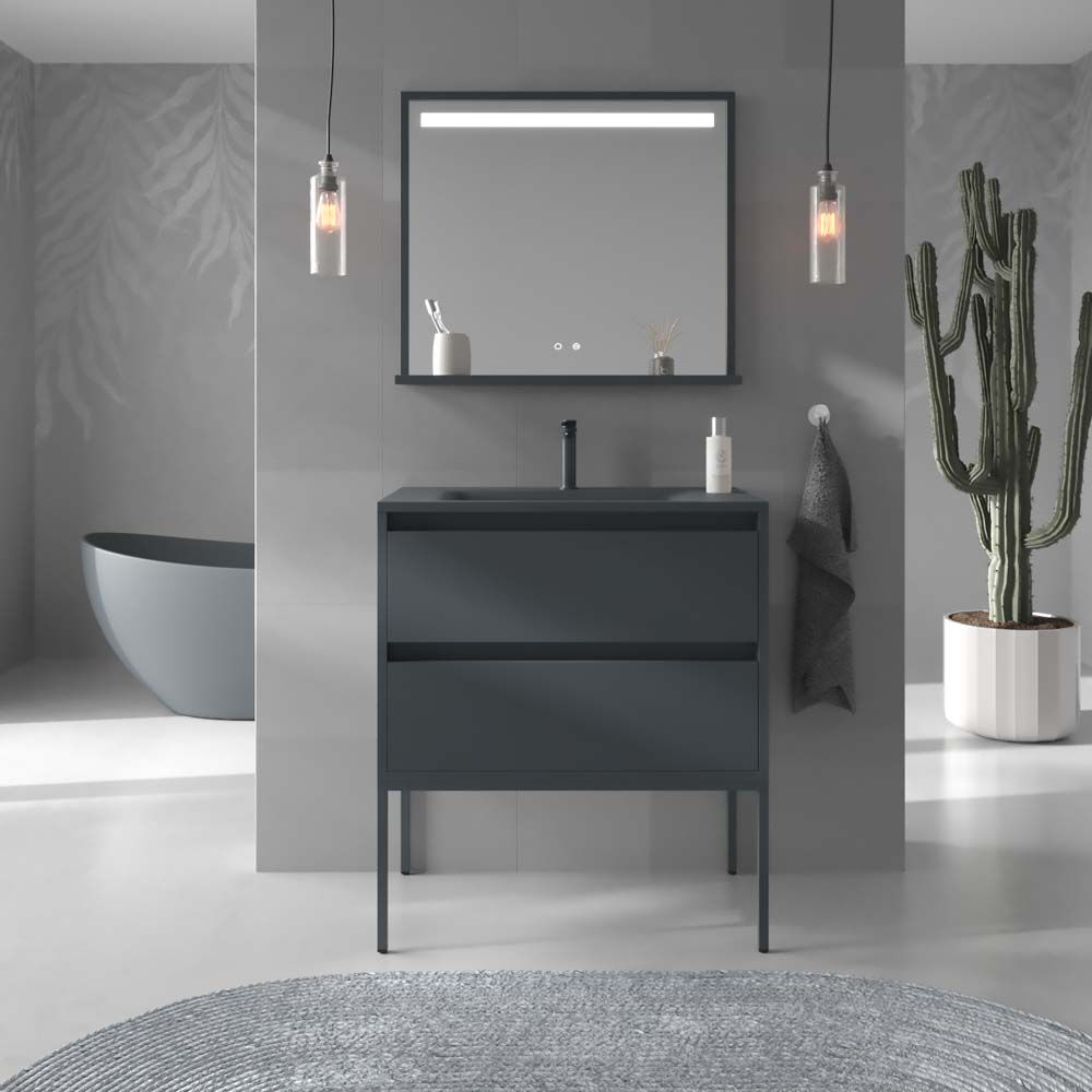 Mueble de baño con patas 2 cajones SMILE con lavabo Solid Surface GRAFITO
