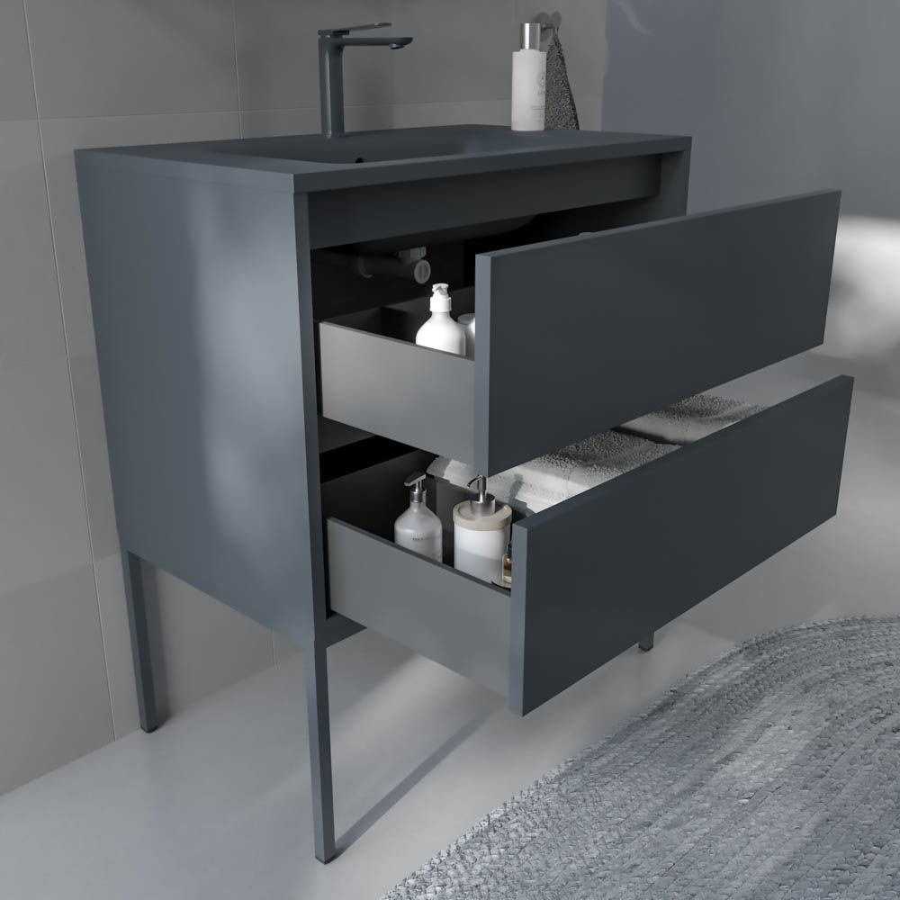 Mueble de baño con patas 2 cajones SMILE con lavabo Solid Surface GRAFITO - Imagen 5
