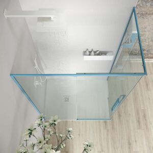 Mampara de ducha PETRA rectangular 2 fijos - 2 puertas correderas vidrio 6 mm. ACERO INOXIDABLE acabado AZUL CLARO MATE