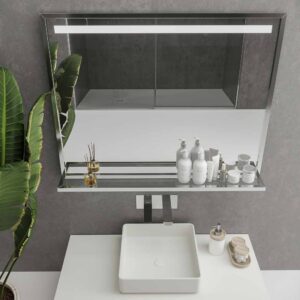 Espejo de baño EVO con marco y estante aluminio varios acabados luz LED frontal