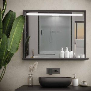 Espejo de baño EVO con marco y estante aluminio varios acabados luz LED frontal
