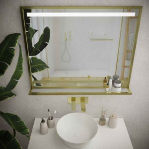 Espejo de baño EVO con marco y estante aluminio varios acabados luz LED frontal