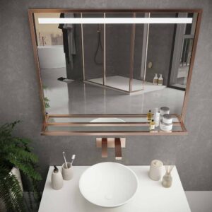 Espejo de baño EVO con marco y estante aluminio varios acabados luz LED frontal