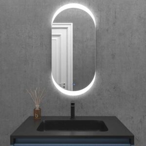 Espejo a medida LINE con luz led trasera perimetral arenado superior e inferior . Altavoces. Anti vaho. Espejo aumento. Reloj