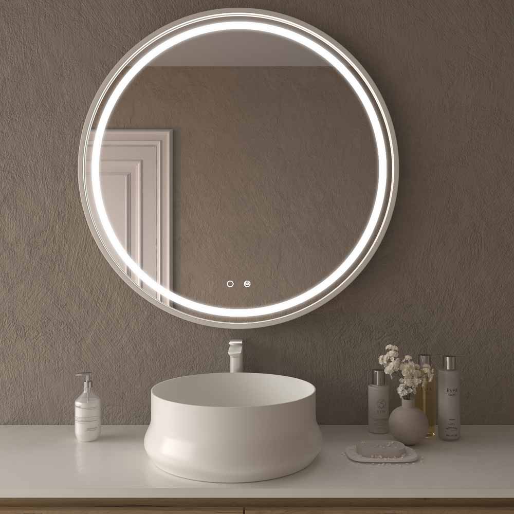 Espejo redondo LOUNGE luz led frontal con sensor táctil y antivaho - Aluminio BLANCO MATE
