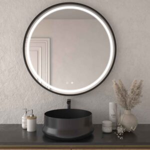 Espejo redondo ADELA luz led frontal con sensor táctil y antivaho - Aluminio NEGRO MATE