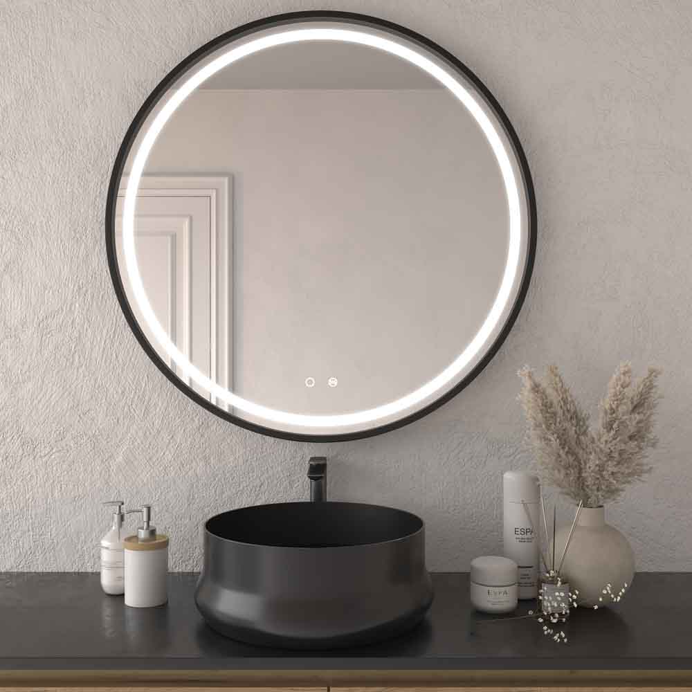 Espejo redondo ADELA luz led frontal con sensor táctil y antivaho - Aluminio NEGRO MATE
