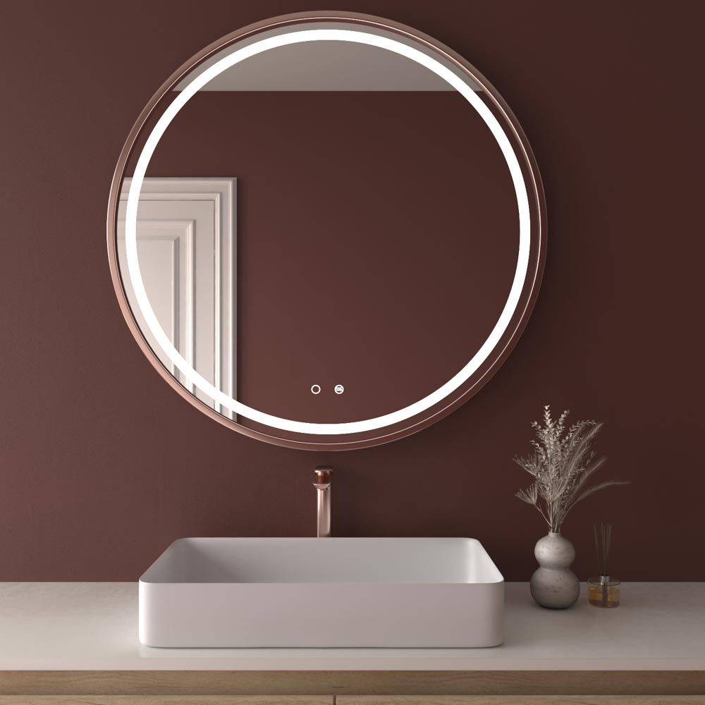 Espejo redondo TRIADA luz led frontal con sensor táctil y antivaho - Aluminio ORO ROSA MATE