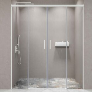 Mampara de ducha frontal BASIC 2 fijos -2 puertas correderas. Sin perfil inferior. Con tratamiento anti-cal . Acabado BLANCO MATE