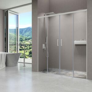 Mampara de ducha frontal BASIC 2 fijos -2 puertas correderas. Sin perfil inferior. Con tratamiento anti-cal . Acabado BLANCO MATE