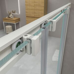 Mampara de ducha frontal BASIC 2 fijos -2 puertas correderas. Sin perfil inferior. Con tratamiento anti-cal . Acabado BLANCO MATE