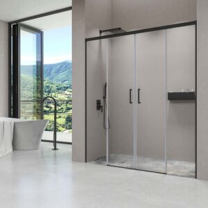 Mampara de ducha frontal BASIC 2 fijos -2 puertas correderas. Sin perfil inferior. Con tratamiento anti-cal . Acabado NEGRO MATE
