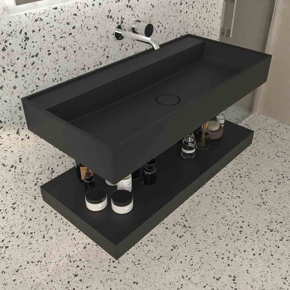 Lavabo suspendido TOTEM un seno centrado SOLID SURFACE Negro - Imagen 3