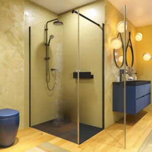 Mampara de ducha rectangular OPEN 1 fijo - 1 puerta abatible fabricada a medida . NEGRO MATE