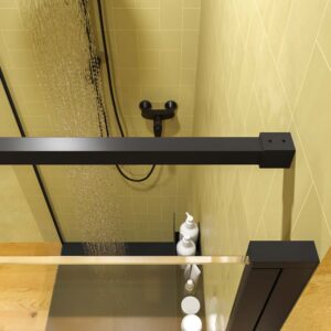 Mampara de ducha rectangular OPEN 1 fijo - 1 puerta abatible fabricada a medida . NEGRO MATE