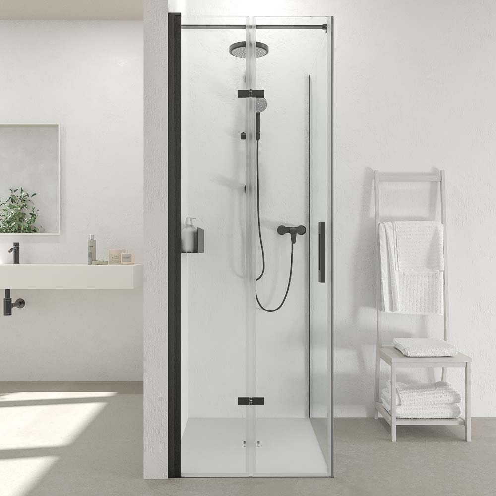 Mampara de ducha rectangular SINTESIS 1 fijo - 1 puerta plegable fabricada a medida . NEGRO MATE - Imagen 8