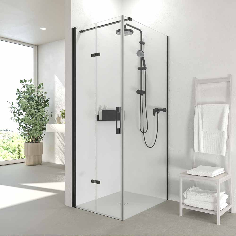 Mampara de ducha rectangular SINTESIS 1 fijo - 1 puerta plegable fabricada a medida . NEGRO MATE