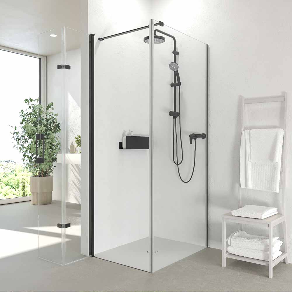 Mampara de ducha rectangular SINTESIS 1 fijo - 1 puerta plegable fabricada a medida . NEGRO MATE - Imagen 5