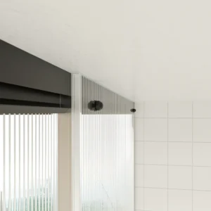 Mampara de ducha TECH HIGH frontal 1 fijo - 1 puerta corredera vidrio acanalado 8 mm.  ACERO INOXIDABLE  Negro  fabricada a techo