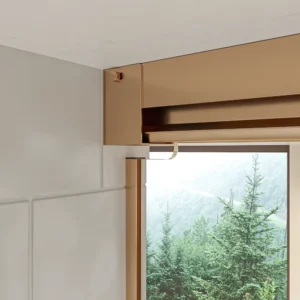 Mampara de ducha TECH HIGH frontal 1 fijo - 1 puerta corredera vidrio 8 mm. COBRE