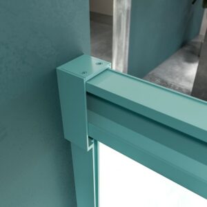 Mampara de ducha frontal LUCE 1 fijo -1 puerta corredera. Sin perfil inferior. Con tratamiento anti-cal . Acabado AZUL TURQUESA