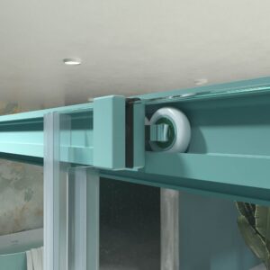 Mampara de ducha frontal LUCE 1 fijo -1 puerta corredera. Sin perfil inferior. Con tratamiento anti-cal . Acabado AZUL TURQUESA