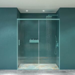 Mampara de ducha frontal LUCE 1 fijo -1 puerta corredera. Sin perfil inferior. Con tratamiento anti-cal . Acabado AZUL TURQUESA