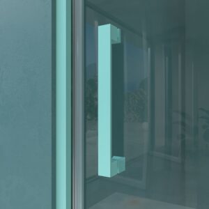 Mampara de ducha frontal LUCE 1 fijo -1 puerta corredera. Sin perfil inferior. Con tratamiento anti-cal . Acabado AZUL TURQUESA
