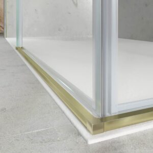 Mampara de ducha rectangular BASIC apertura angular 2 fijos-2 puertas correderas. Sin perfil inferior. Con tratamiento anti-cal. Acabado ORO MATE
