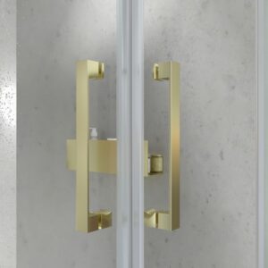 Mampara de ducha rectangular BASIC apertura angular 2 fijos-2 puertas correderas. Sin perfil inferior. Con tratamiento anti-cal. Acabado ORO MATE