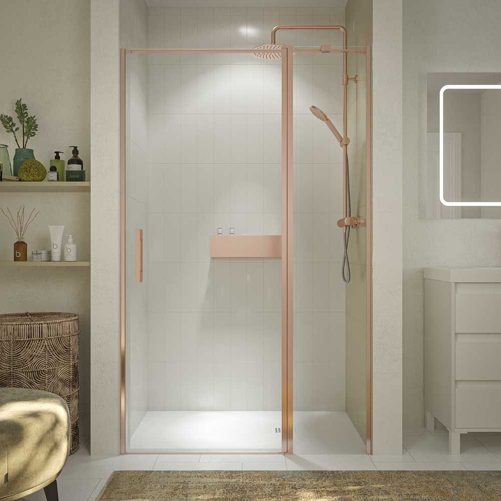 Mampara de ducha frontal OPEN 1 fijo - 1 puerta abatible a medida acabado ORO ROSA