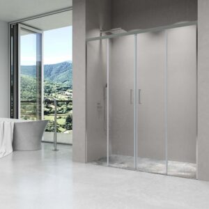 Mampara de ducha frontal BASIC 2 fijos -2 puertas correderas. Sin perfil inferior. Con tratamiento anti-cal . Acabado CROMO BRILLO